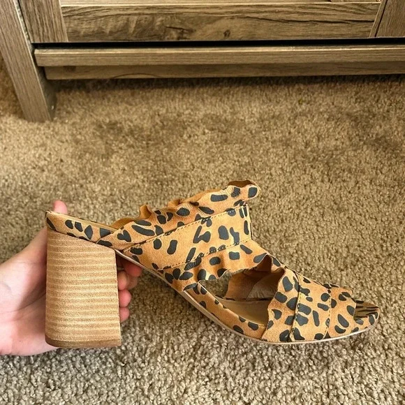 Leopard Print Ruffle Strap Block Heel Mules - Brown - Picture 6 of 13